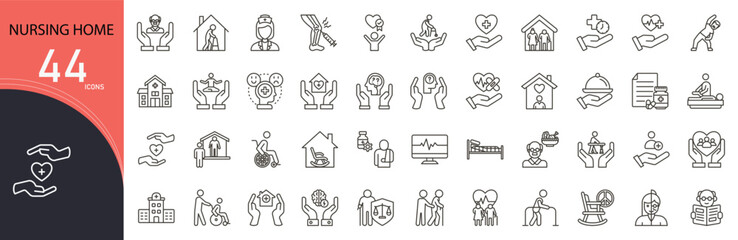 Nursing home related icon collections. Containing elderly, care, nurse, bed, medical, health, facility, support, resident, and service icons.  Outline icons.