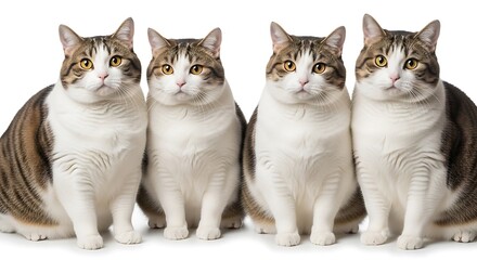 Four Cats Sitting Together Looking at Camera on White Background