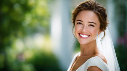 Bride laughing and looking over shoulder in white gown with sunlight illuminating veil. Lush garden setting provides soft background. Concept of weddings, bridal fashion, love