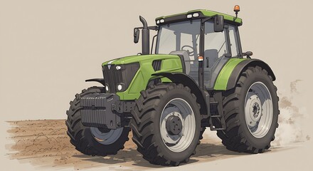 Obraz premium Green Tractor Moving on Field Illustration for Agriculture