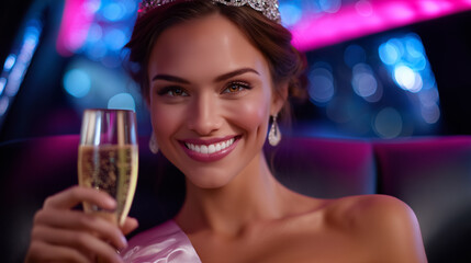 Group of women celebrating in limousine with bride-to-be toasting champagne. Focus on smiling bride wearing sash amidst vibrant neon city lights