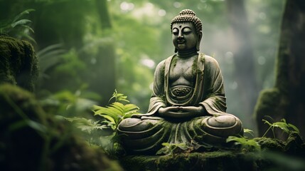 Stone Buddha sculpture in a meditative pose resting on a moss-covered rock in a peaceful, atmospheric green forest.
