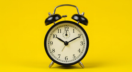 Classic Black Alarm Clock on Yellow Background