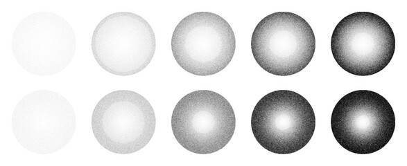 Abstract stipple dot pattern sphere gradient set. Grain and noise texture. Halftone circle design element collection.