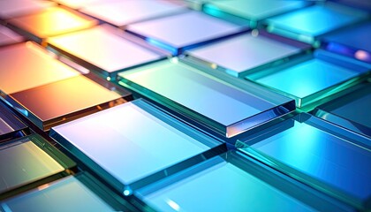 Glimmering surface of layered glass plates, each etched with a fine shimmer gradient in oceanic and sky-toned iridescence