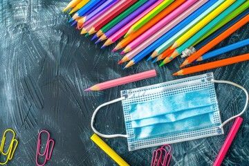 Flawless Visual of High Angle of School Supplies with Face Mask and Pencils