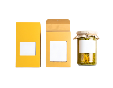 Food packaging mockup yellow box brown bag and glass jar displaying blank labels for custom text and branding on a backdrop in a minimalist studio shot