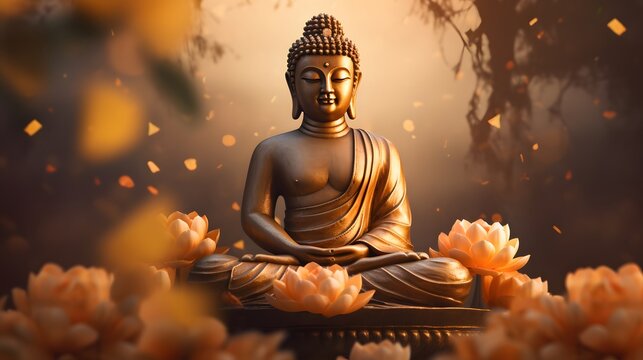 Atmospheric Image of a Golden Buddha in Meditation Surrounded by Soft Lotus Flowers - Concept of Peace and Serenity