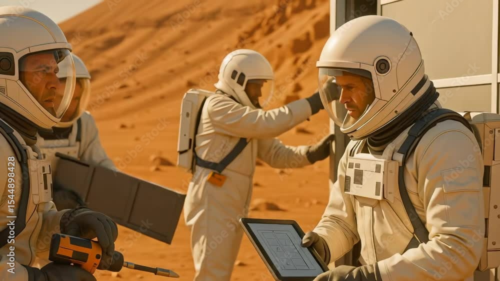 Poster four astronauts in white spacesuits working together on rocky martian landscape, using digital table