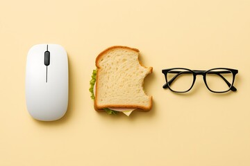 Minimal Work Desk Flatlay with White Mouse, Bitten Sandwich & Black Glasses
