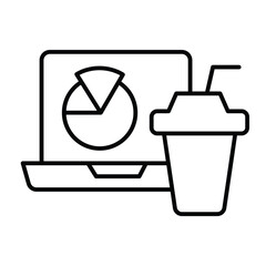 Laptop with diagram and coffee cup thin line icon, remote work concept. Vector graphics. Market job, marketing sign on white background, style mobile or design.