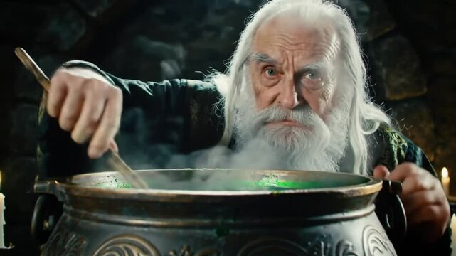 A wizard with a white beard stirring a green potion in a large black cauldron with candles nearby