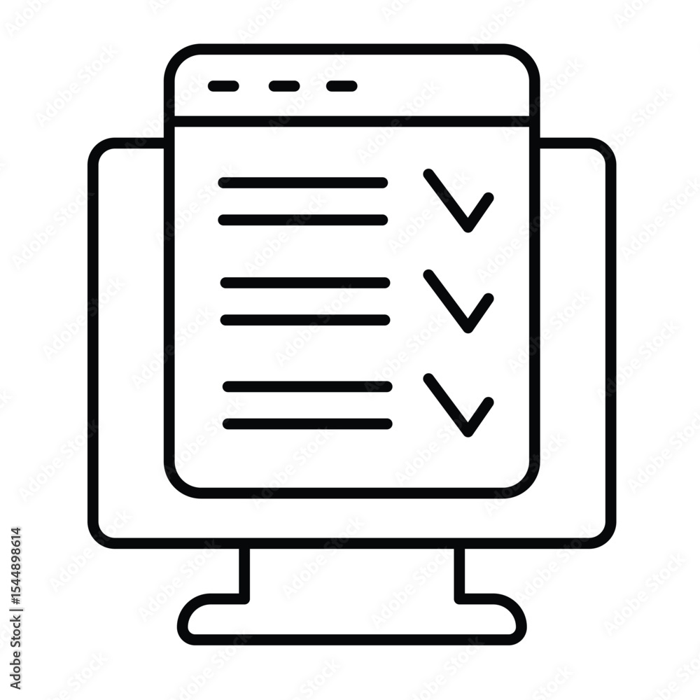 Fototapete Monitor screen with checklist window thin line icon, remote work concept. Vector graphics. Display and task schedule plan sign on white background, style mobile or design.
