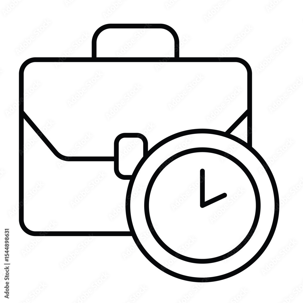 Poster briefcase with clock thin line icon, remote work concept. vector graphics. portfolio bag and task sc