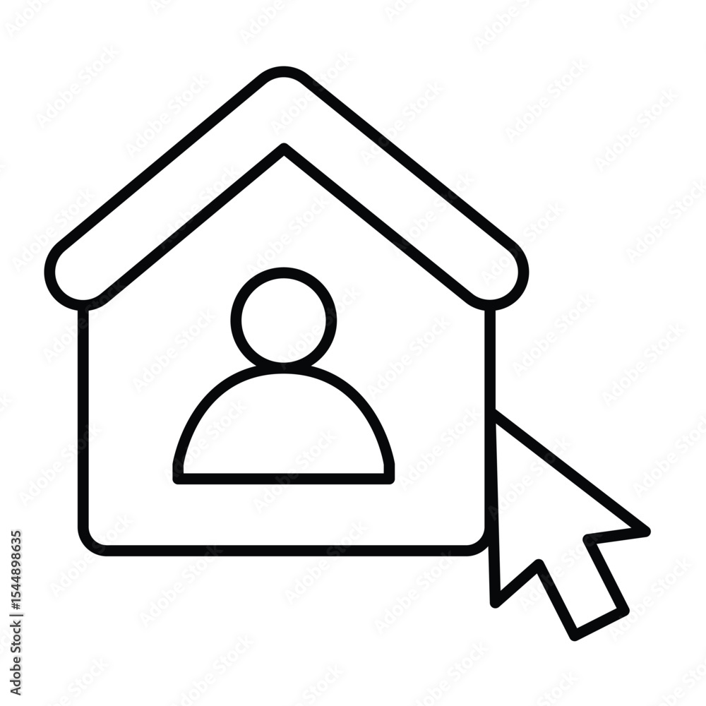 Poster home user and mouse cursor thin line icon, remote work concept. vector graphics. user house with mou