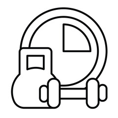 Dumbbell pair and clock thin line icon, remote work concept. Vector graphics. Sport club timer sign on white background, style mobile or design.