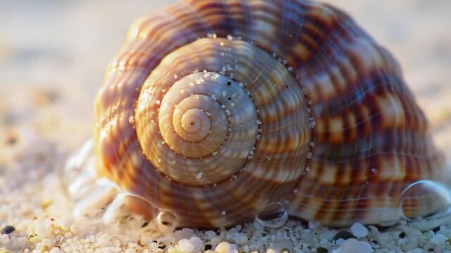 Close up of a spiral seashell resting on a sandy beach with small pebbles around it at sunset