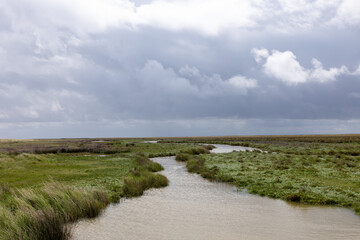 Empty flat polder landscape with a meandering stream towards the horizon on the Dutch island of Schiermonnikoog