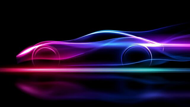 A sleek and modern car silhouette with vibrant neon lights, gliding through the air on a black background, creating an abstract representation of speed and motion. 