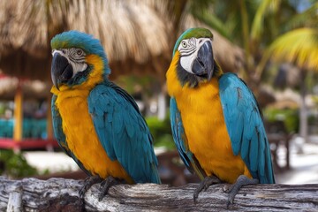 Obraz premium Two blueandyellow macaws perch sidebyside on a weathered branch in a tropical setting with thatchedroof structures and palm trees in the background