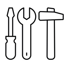 Screwdriver with wrench and hammer thin line icon, repair service concept. Vector graphics. Repair tools sign on white background, style mobile or design.