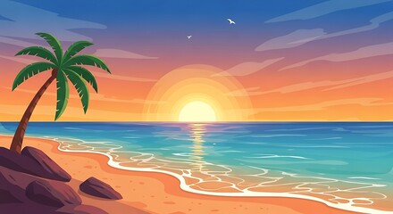 Obraz premium Tropical Beach at Sunset with Palm Tree and Ocean View
