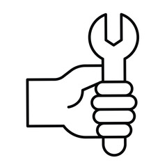 Wrench in hand thin line icon, repair service concept. Vector graphics. Human hand with wrench sign on white background, style mobile or design.