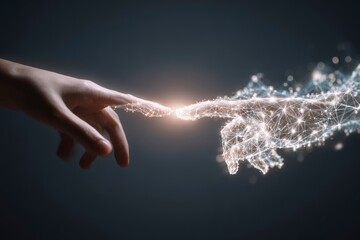 Two hands reach towards each other one human one digital a bright light shining between the touching fingertips