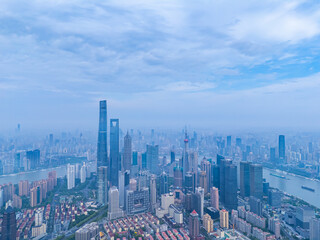 Aerial view of Shanghai skyline in downtown on cloudy day.
