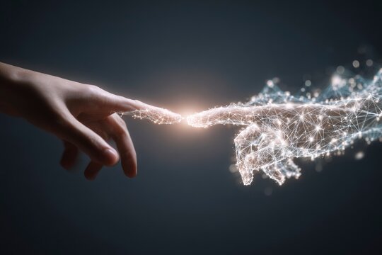 Two hands reach towards each other one human one digital a bright light shining between the touching fingertips