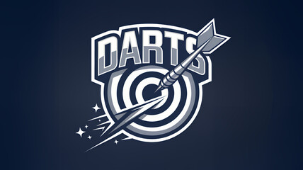 Darts emblem with dart at a round target dartboard on a blue background. Cartoon hand-drawing style illustration 