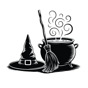 Witch hat, broom, and cauldron vector set in black and white line art style
