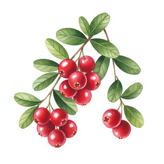 Cranberries with Leaves Isolated on Transparent PNG Background - Watercolour Art