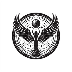 Naklejka premium Silhouette of a winged figure holding a celestial orb within a circular design.