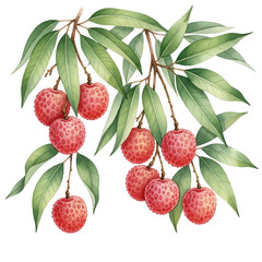 Lychees with Leaves Isolated on Transparent PNG Background - Watercolour Art