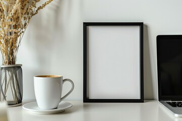Premium Quality Visual of Black Picture Frame on White Table with Coffee and Laptop Photo