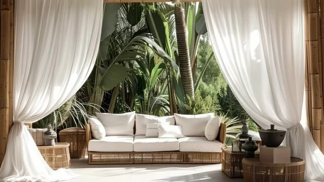 Tropical outdoor living space with wicker sofa and sheer curtains