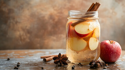 Delicious apple cider infusion with cinnamon and spices in a glass jar for autumn beverages