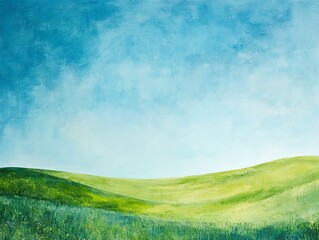 Obraz premium Abstract Landscape with a Curving Horizon Line Dividing Blue Sky and Green Grassy Field