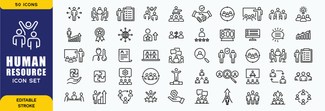 Set of 50 outline icons related to HR, Human Resources, Recruitment, Employment, business, office, company, management. Linear icon collection. Editable stroke. Vector illustration