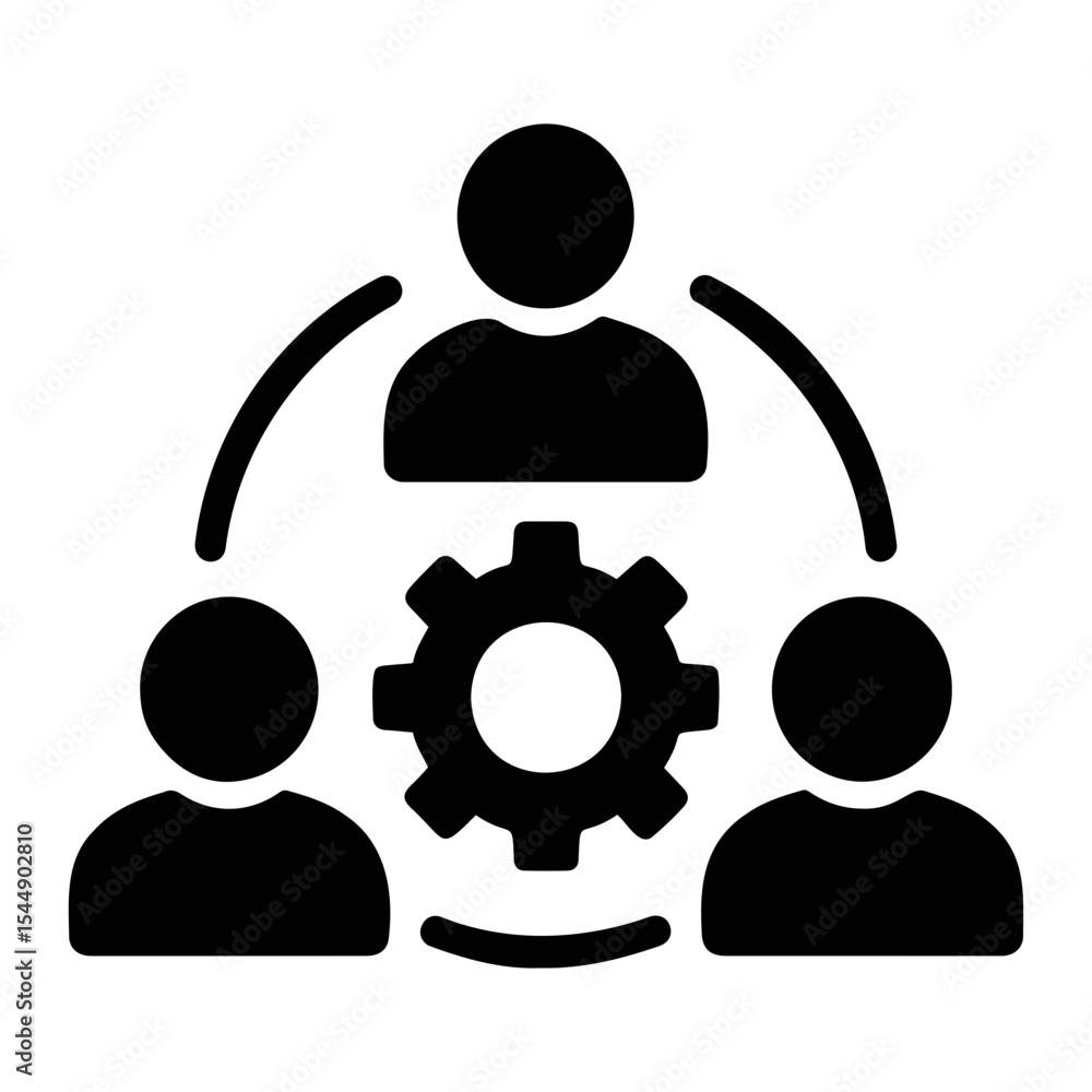 Poster a group of people connected by curved lines around a gear representing teamwork and collaboration on