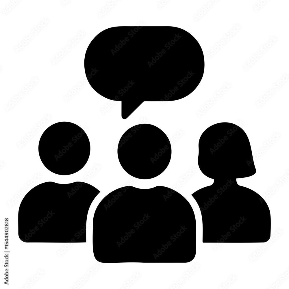 Poster a group of three people with a speech bubble above them representing communication and discussion on