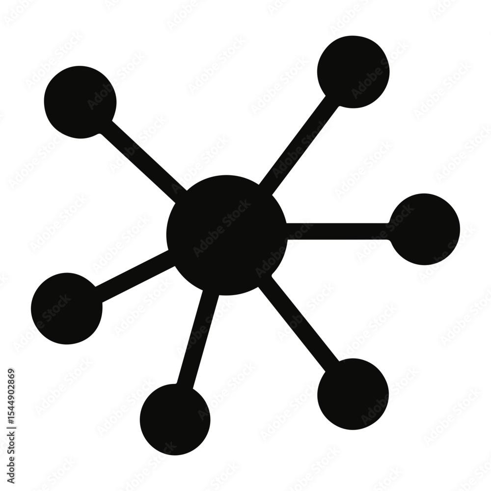 Poster black network diagram featuring a central node connected to six peripheral nodes with lines on trans