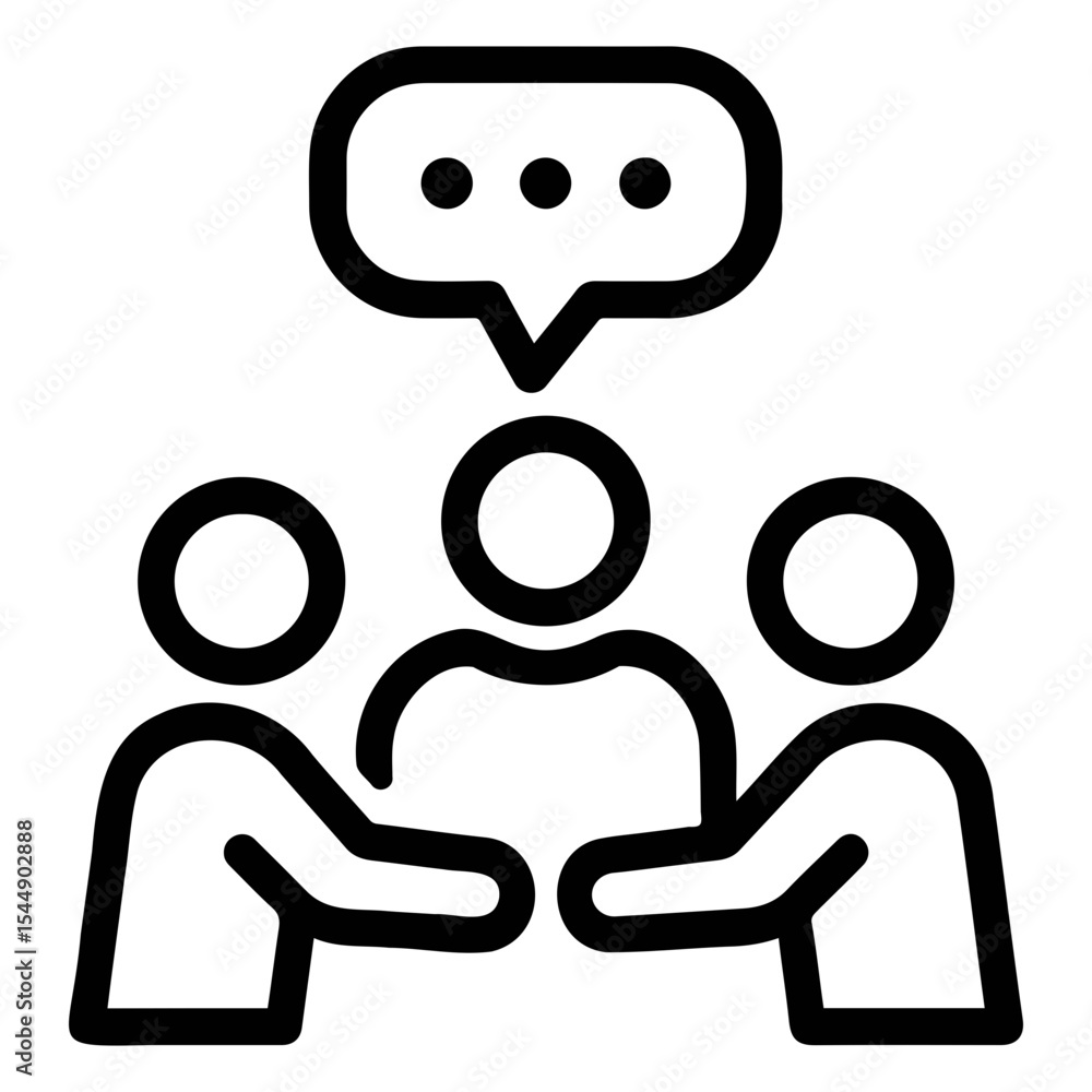 Poster iconic representation of a group discussion with three people and a speech bubble above them on tran