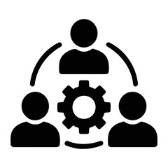 A group of people connected by curved lines around a gear representing teamwork and collaboration on transparent background
