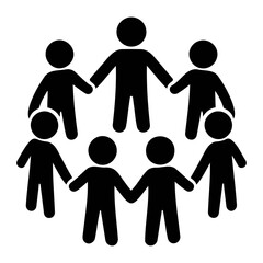 A group of seven black stick figure people holding hands in a circle with one in the center top on transparent background