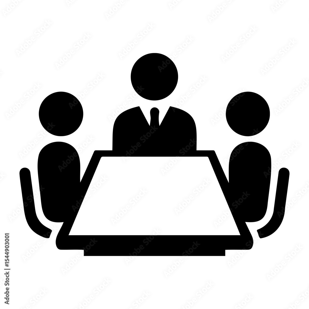 Poster illustration of three figures seated around a table in a meeting or conference setting icon style on