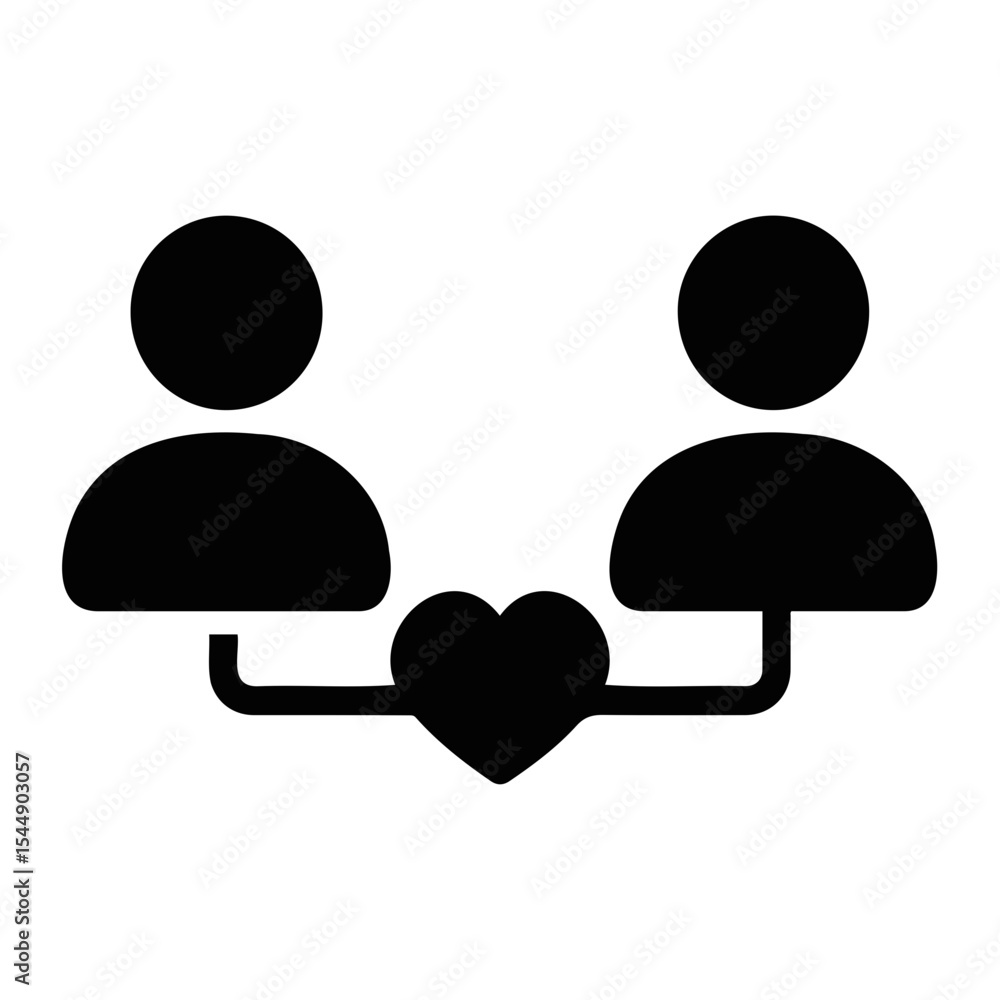 Poster illustration of two person icons connected by lines to a heart shape in the center design on transpa