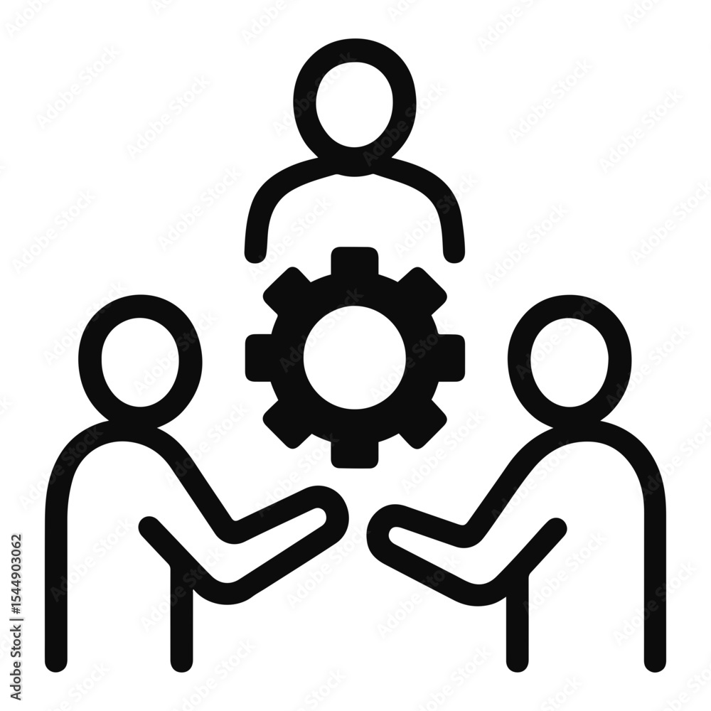 Poster outline illustration of three figures surrounding a gear representing teamwork and collaboration pro