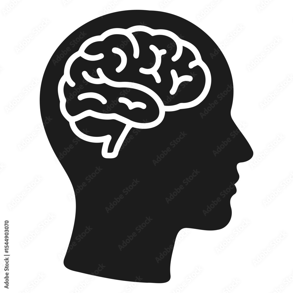 Poster silhouette of a head with a visible brain inside representing thought and intelligence concept on tr